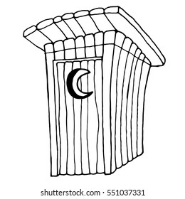 vector illustration. black and white wooden toilet with the moon on the door