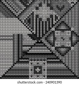 Vector illustration of black and white wool sweater pattern. Unusual, abstract, knit, design.