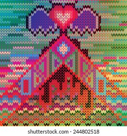Vector illustration of black and white wool sweater pattern. Unusual, abstract, knit, design, 80s games. Explosion, pyramid, heart, wings.