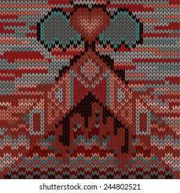 Vector illustration of black and white wool sweater pattern. Unusual, abstract, knit, design, 80s games. Explosion, pyramid, heart, wings.