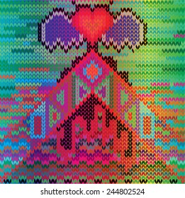 Vector illustration of black and white wool sweater pattern. Unusual, abstract, knit, design, 80s games. Explosion, pyramid, heart, wings.