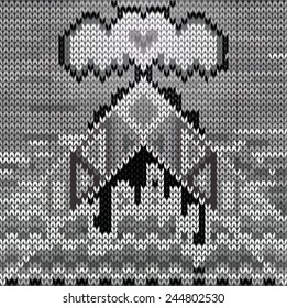 Vector illustration of black and white wool sweater pattern. Unusual, abstract, knit, design, 80s games. Explosion, pyramid, heart, wings.