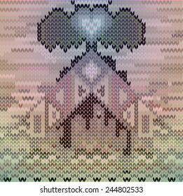 Vector illustration of black and white wool sweater pattern. Unusual, abstract, knit, design, 80s games. Explosion, pyramid, heart, wings.