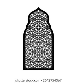 Vector illustration of black window with arabesques, oriental frame. Ramadan Kareem. Traditional Arabic architecture. Flat style. Isolated background. Icon.