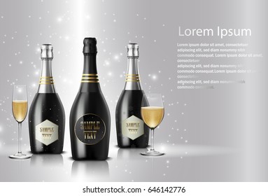 Vector illustration of  Black wine bottle and wine glasses on sparkling background