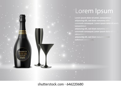 Vector illustration of  Black wine bottle with black wine glass on sparkling background