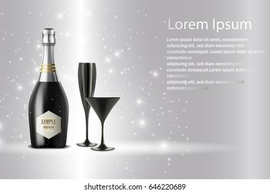 Vector illustration of  Black wine bottle with black wine glass on sparkling background