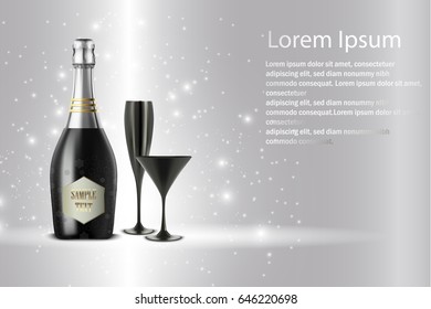 Vector illustration of  Black wine bottle with black wine glass on sparkling background