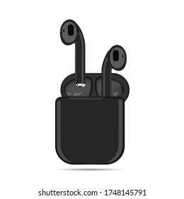 Vector illustration of black wireless headphones in a case on a white background.