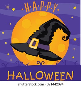 Vector illustration of black witch hat on the moon night background. Halloween art