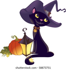 Vector illustration of black witch's cat, pumpkin and lantern.