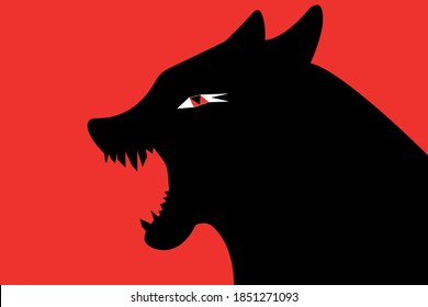 Imagen vectorial de un lobo negro con un ojo en un fondo rojo. Se puede usar para logotipo, símbolo, banner, ilustración, postal.