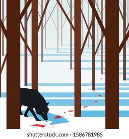 vector illustration, a black wolf follows a trail of blood on the snow in winter forest 