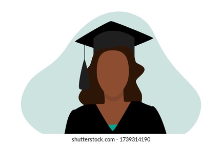 Vector illustration of black woman in graduation cap with tassel and gown with green shirt under and an abstract blob behind, isolated on white background. Great for graduate celebrations and banners.