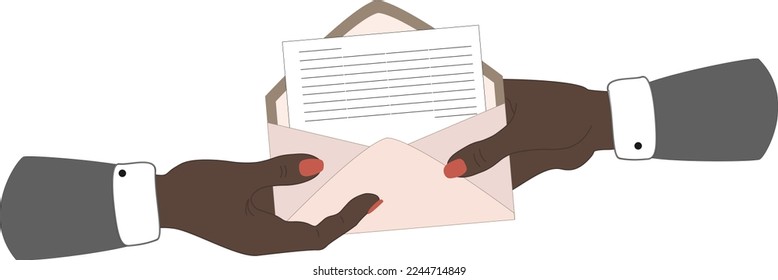 Vector illustration of black woman hands holding envelope with business letter	