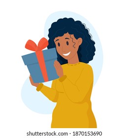 Vector illustration. Black woman holding a Christmas and New Year present.
