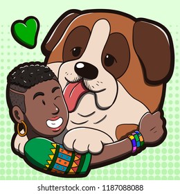 Vector illustration of a black woman hugging a big St. Bernard dog. Cartoon drawing with green halftone background.