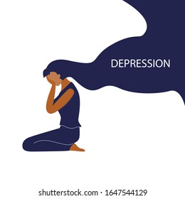 Vector illustration of black woman with long dark hairs sits on the floor and crying. Depression, harrassment, abuse or bullying concept. Design for psyhologist column of mental disease