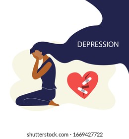 Vector illustration of black woman with long dark hairs sits on the floor and crying around broken heart. Depression, harrassment, abuse or bullying concept.