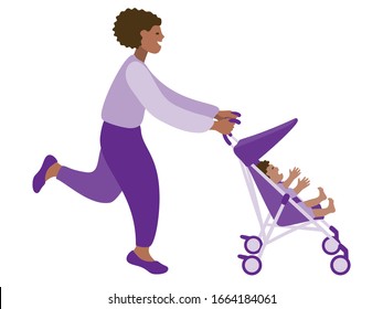 Vector Illustration Of A Black Woman Running Fast Pushing A Young Black Child In An Umbrella Stroller. The Baby Is Screaming And Crying. Isolated On A White Background.