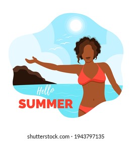 Vector Illustration with Black Woman in Swimsuit on the Sea Beach. African Flat Character. Seascape. Text Hello Summer. Welcome Banner.