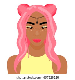 Vector illustration with black woman with two pink buns in flat style. Website avatar or fashion girl symbol.