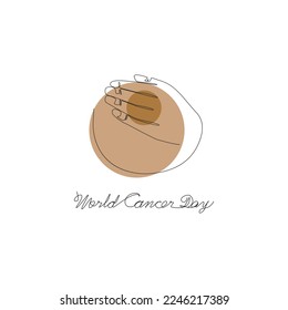 vector illustration of black woman's hand covering her breast for world cancer day, line art