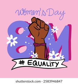 Vector illustration with black woman's hand celebrating International Women's Day