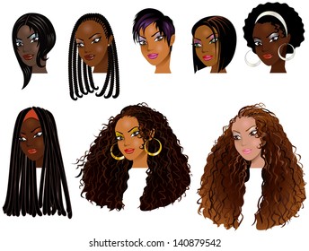 Vector Illustration of Black Women Faces. Great for avatars, makeup, skin tones or hair styles of African women.