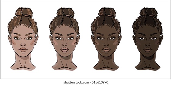 Vector Illustration Of Black Women Faces With Different Tone Of Skin.. Portrait Of Beauty African Women.