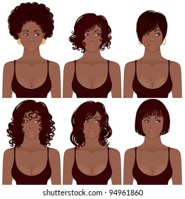 Vector Illustration Of Black Women Faces. Great For Avatars,  Hair Styles Of African American Women.