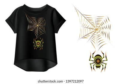 Vector illustration of black women's t-shirt with print. Fashionable women's t-shirt. Vector drawing of a spider.