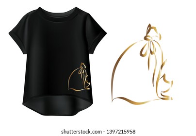
Vector illustration of black women's t-shirt with print. Fashionable women's t-shirt. Vector drawing of a cat in a bag.