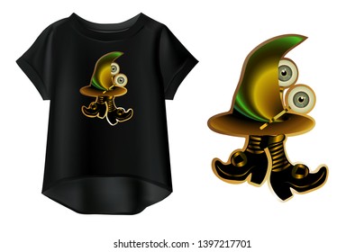 
Vector illustration of black women's t-shirt with print. Fashionable women's t-shirt. Vector drawing attributes of the sorcerer.