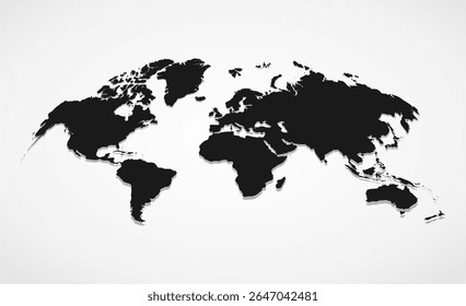 Vector illustration of a black world map silhouette on a white background. Suitable for educational materials, infographics, posters, presentations, and travel projects.