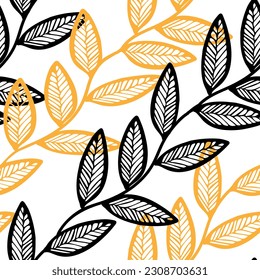 A Vector Illustration of black and yellow doodle leaves isolated on a white background, Seamless diagonal pattern