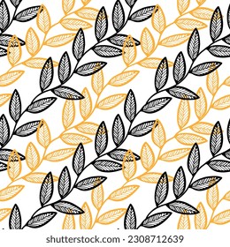 A Vector Illustration of black and yellow doodle leaves isolated on a white background, Seamless diagonal pattern