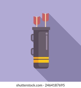 Vector illustration of a black and yellow quiver with red arrows, cast shadow, on purple background