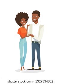 Vector illustration of black young pretty woman and handsome man standing together. Happy people in love, African American couple. Man and woman in flat cartoon style isolated on white background.