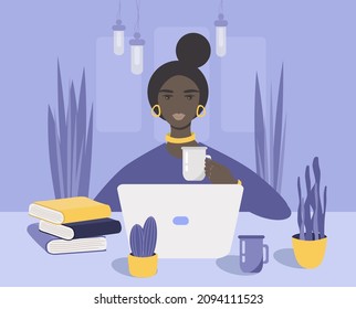 vector illustration - black young woman working or studying at the laptop and drinking tea. trend illustration in flat style