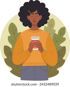 Vector illustration of black young woman with a cup of coffee in her hands. Beautiful girl in flat style