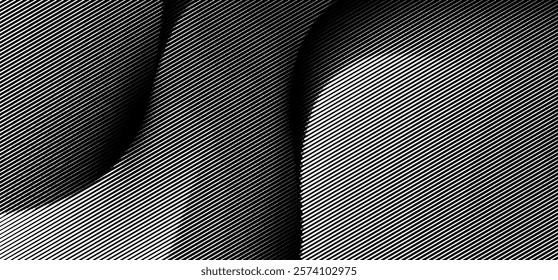 Vector illustration of a black-and-white abstract background featuring a diagonal line pattern that forms a curved wave-like shape with depth and dimension. a modern and minimalist design. 