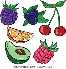 Vector illustration with blackberry, blueberry, cherry, orange, avocado, raspberry on white background. Good for printing. Postcard and logo idea.