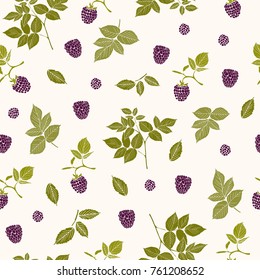 Vector illustration. Blackberry branches and berries. Seamless color pattern.