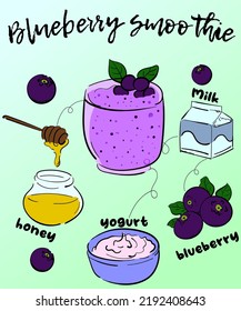 Vector illustration with blackberry smoothie receipt. Blackberry. honey, milk, yogurt on the blue watercolor background