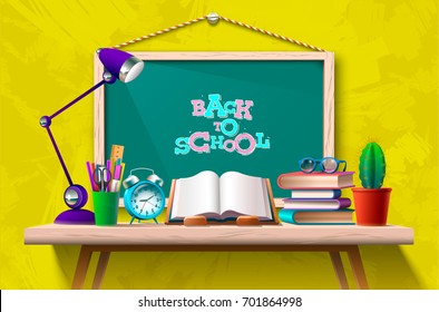 Vector illustration of blackboard with back to school words and table with books and supplies.
