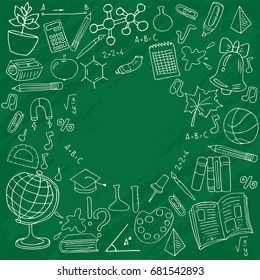 Vector illustration of a blackboard with doodle drawings. White chalk drawings on a green background