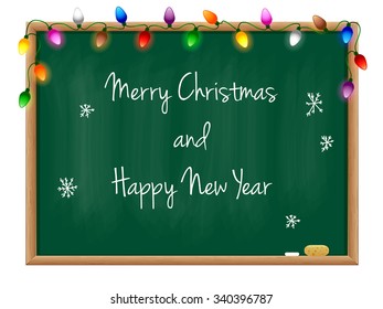 Vector illustration of Blackboard Happy New Year. Used blending mode and transparency. Background, blackboard, text and christmas lights are on separate layers.