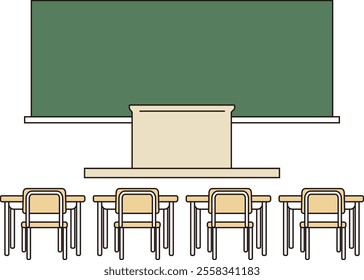 A vector illustration of a blackboard, a teaching platform, a desk, a chair, and a classroom viewed from behind