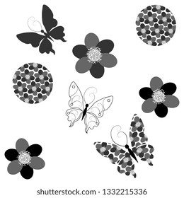 Vector illustration of black-gray butterfly with floral wings, flower circles, flowers on a white background, artistic. Spring design.